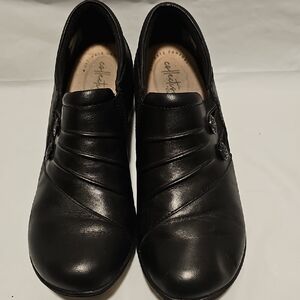 Clarks Women's Black Leather Flats with Button Detail